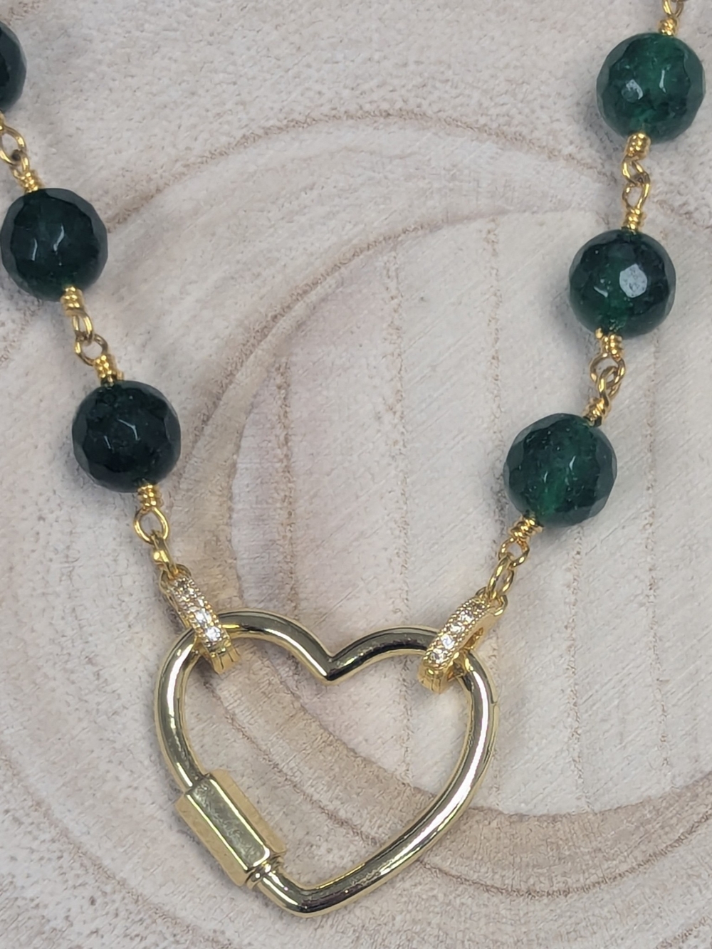 Emerald Green Jade Heart Carabiner Necklace 24K Gold Plated 17"+2" Charm Ready - Picture 7 of 7